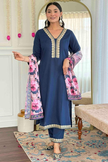 Blue Colour Viscose Slub Stitched Suit VSSS1112887