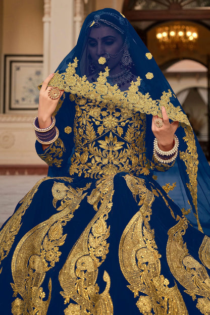 Blue Embroidery  Velvet Lehenga Choli