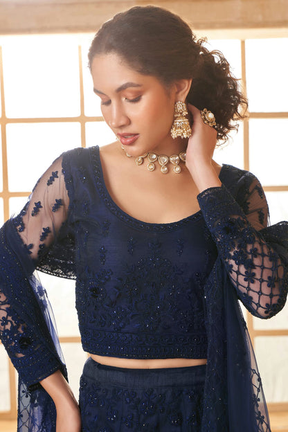 Blue Embroidery Net and SilK Lehenga Choli VSLC1290151