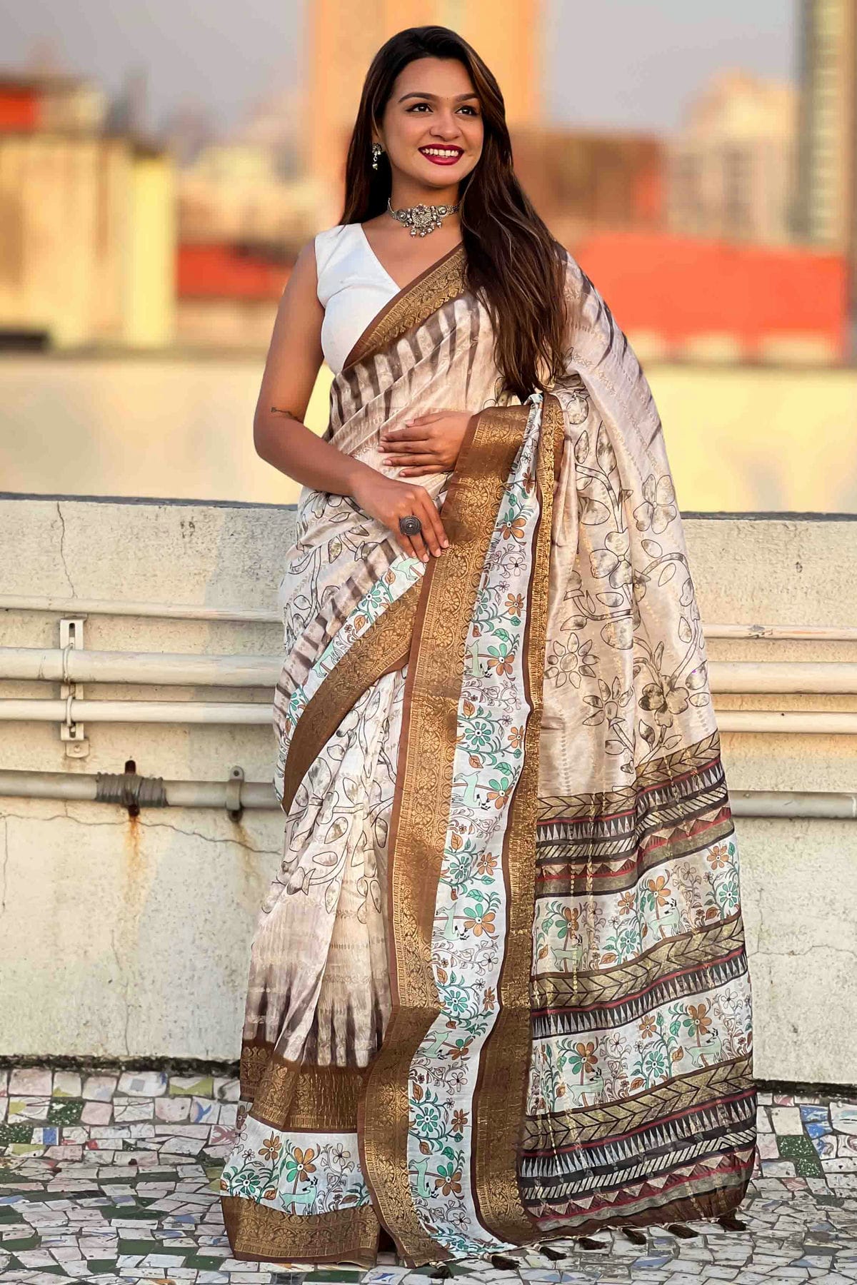 Brown Colour Chanderi Crush Printed Saree VSSD1112823