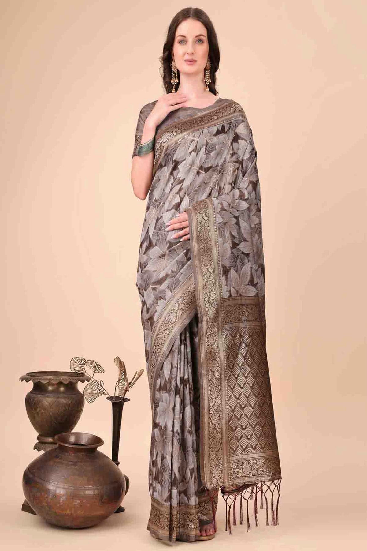 Brown Colour Cotton Printed Traditional Sarees VSSD1113774