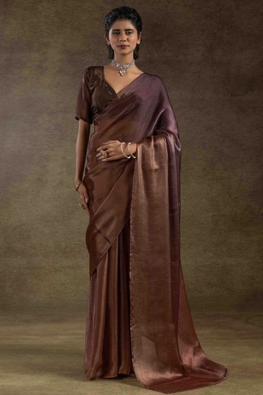 Brown Colour Fendi Satin Silk Ready To Wear Saree VSSD1122021