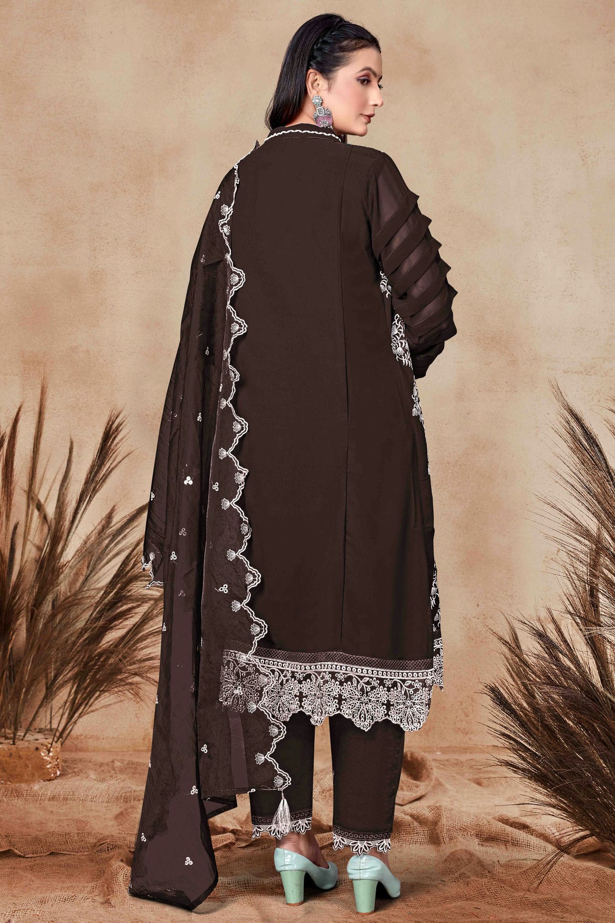 Brown Colour Georgette Pant Style Suit VSSM1140863