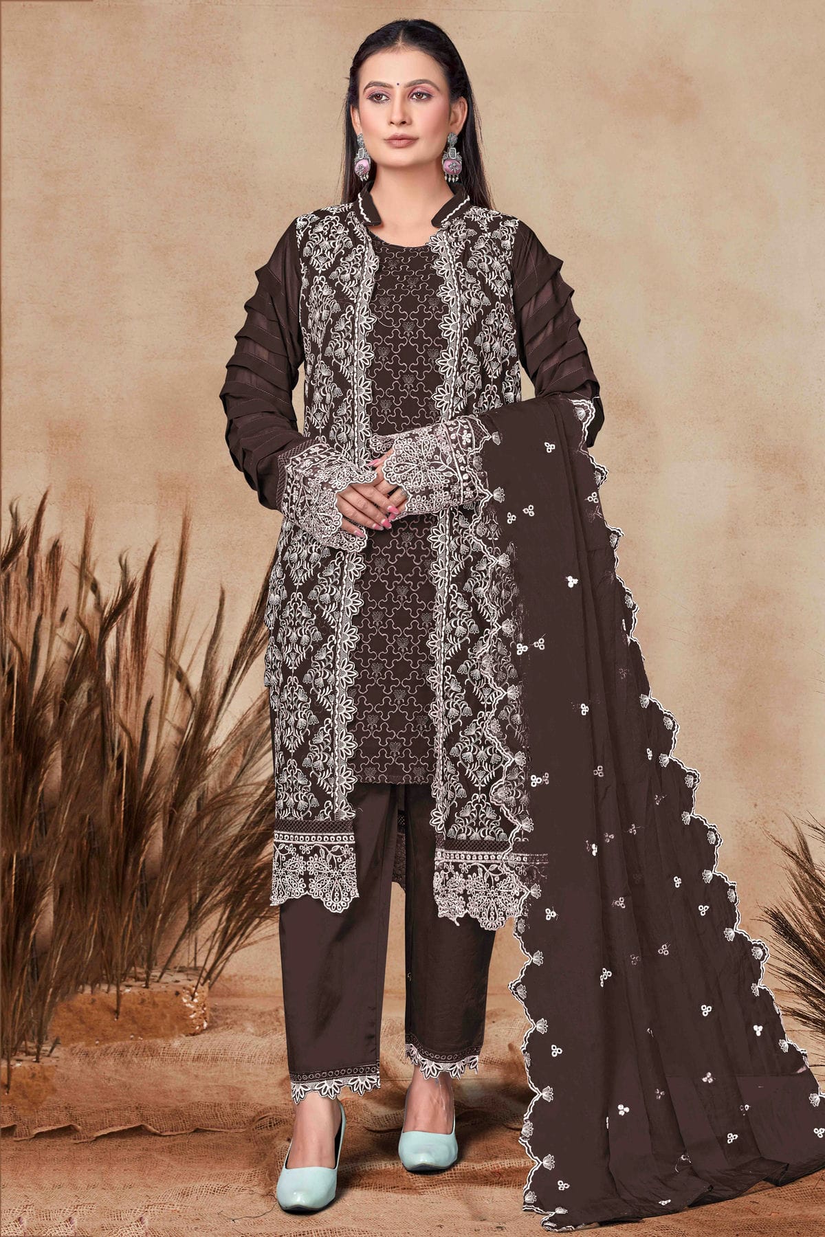 Brown Colour Georgette Pant Style Suit VSSM1140863