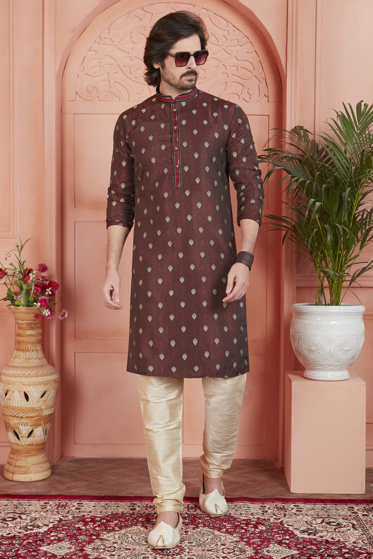 Brown Colour Jacquard Silk Brocade Kurta Pajama VSKP1230237