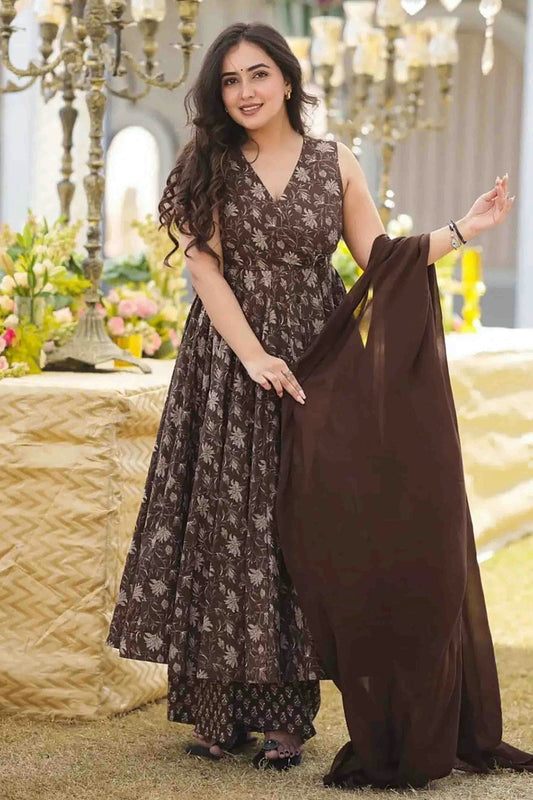 Brown Colour Muslin Stitched Suit VSSS1113313
