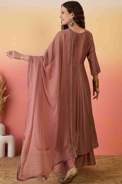 Brown Colour Roman Silk Stitched Palazzo Pant Suit VSSS1113912