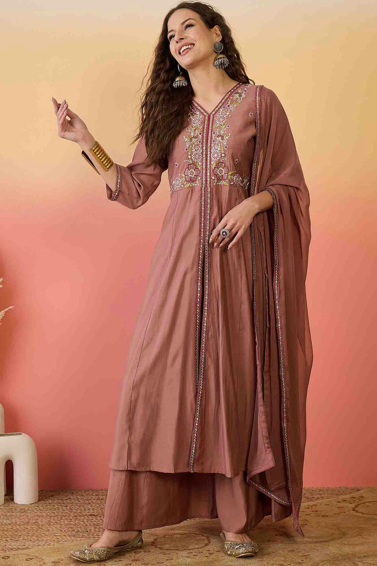 Brown Colour Roman Silk Stitched Palazzo Pant Suit VSSS1113912