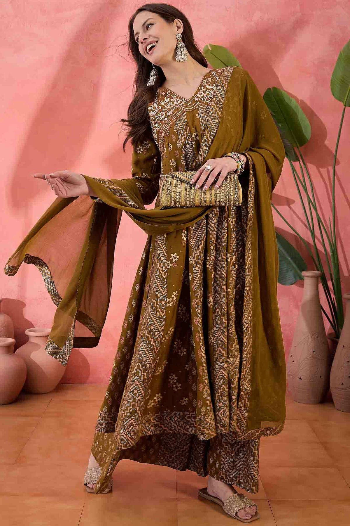 Brown Colour Roman Silk Stitched Palazzo Pant Suit VSSS1113931