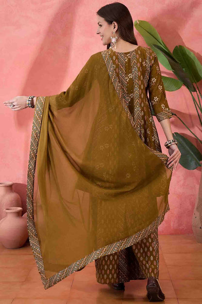 Brown Colour Roman Silk Stitched Palazzo Pant Suit VSSS1113933