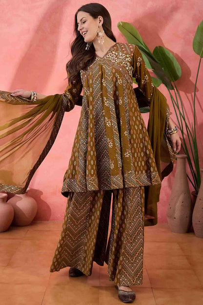 Brown Colour Roman Silk Stitched Palazzo Pant Suit VSSS1113933