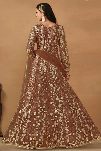 Brown Colour Semi Stitched Net Pant Style Suit VSSM1050472