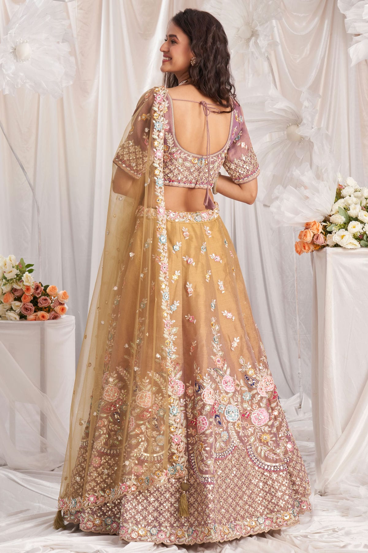 Brown Colour Tissue Embroidery Lehenga Choli VSLC1111346