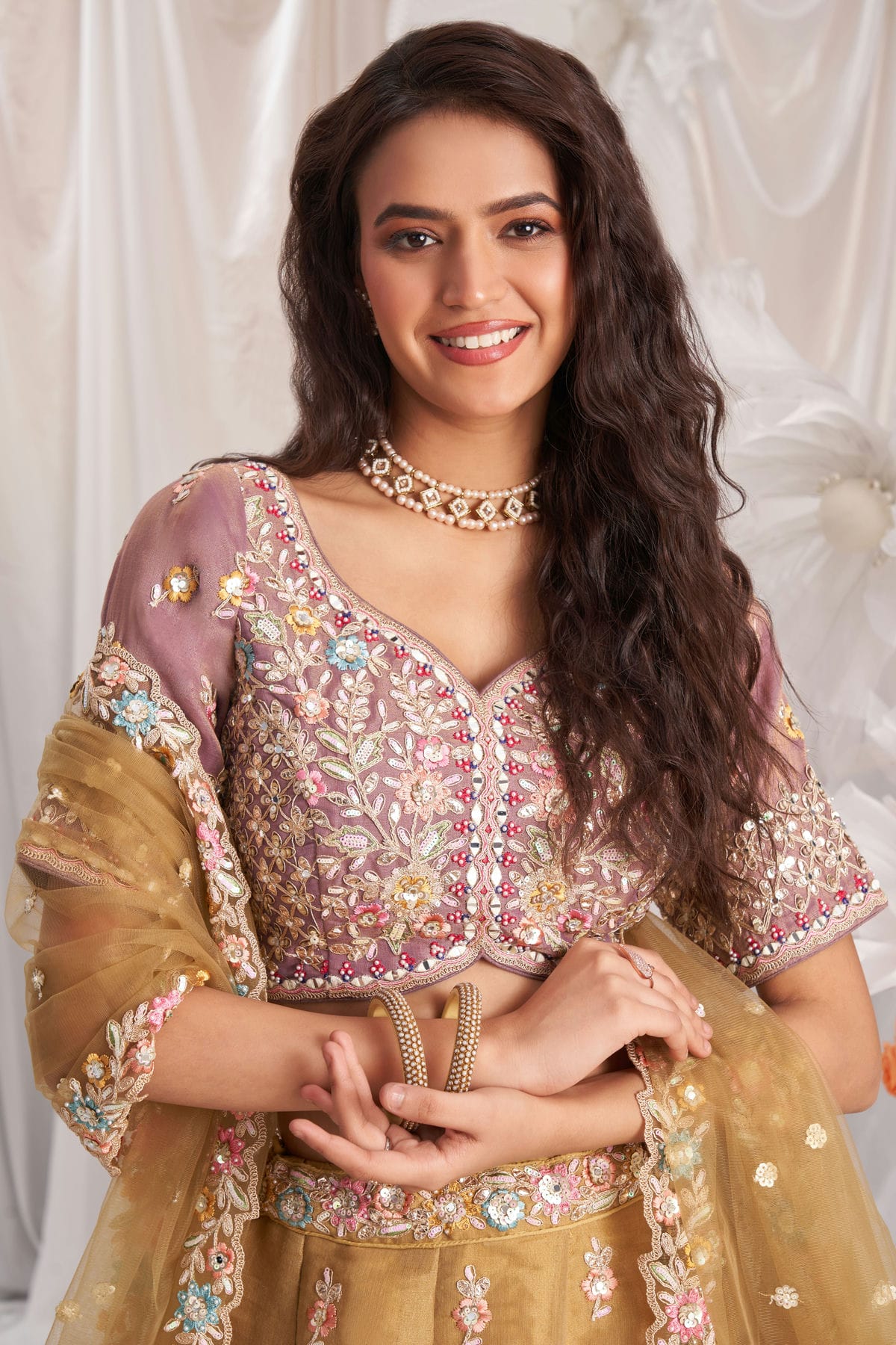 Brown Colour Tissue Embroidery Lehenga Choli VSLC1111346