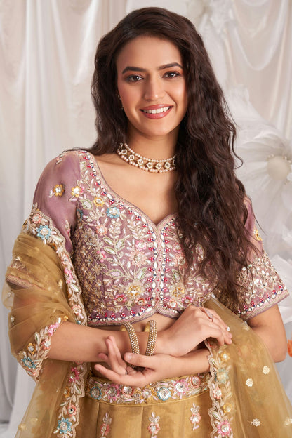 Brown Colour Tissue Embroidery Lehenga Choli VSLC1111346