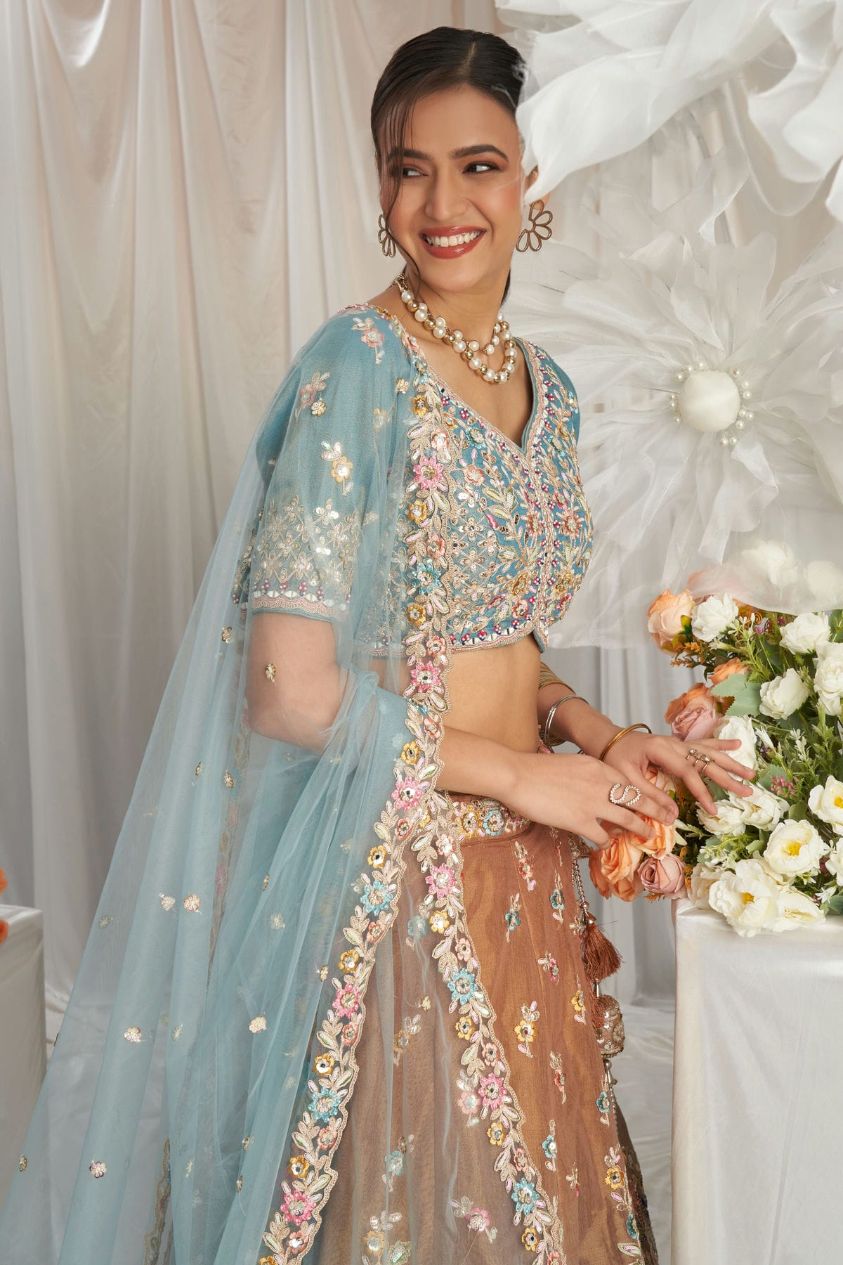 Brown Colour Tissue Embroidery Lehenga Choli VSLC1111348