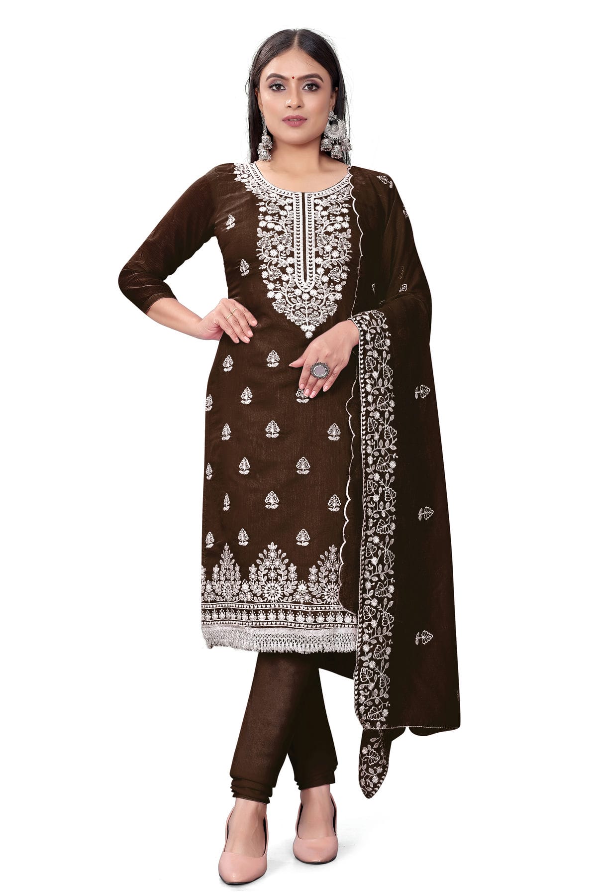 Brown Colour Unstitched Chanderi Cotton Churidar Suit
