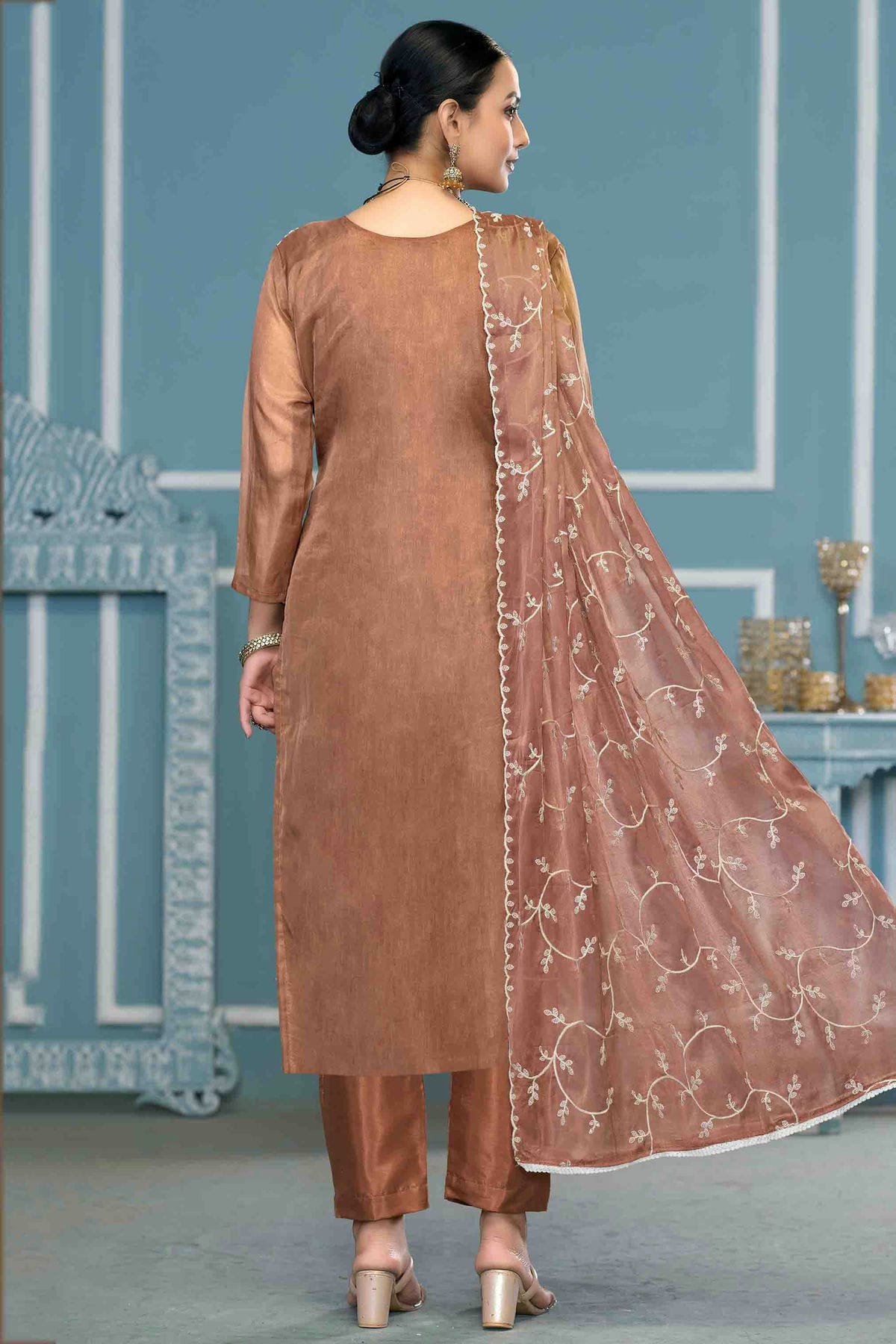 Brown Colour Viscose Organza Pant Style Suit VSSM1113201