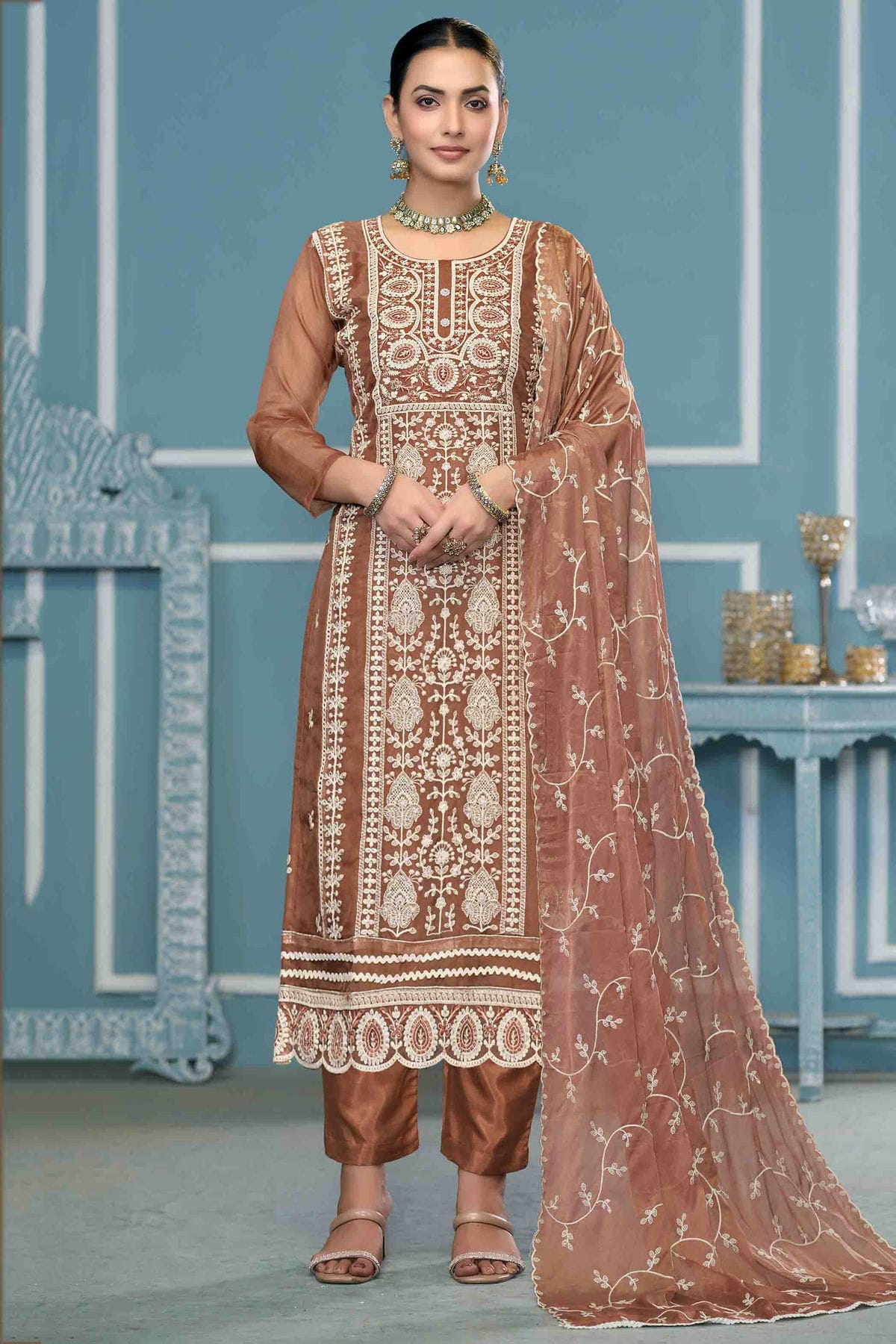 Brown Colour Viscose Organza Pant Style Suit VSSM1113201