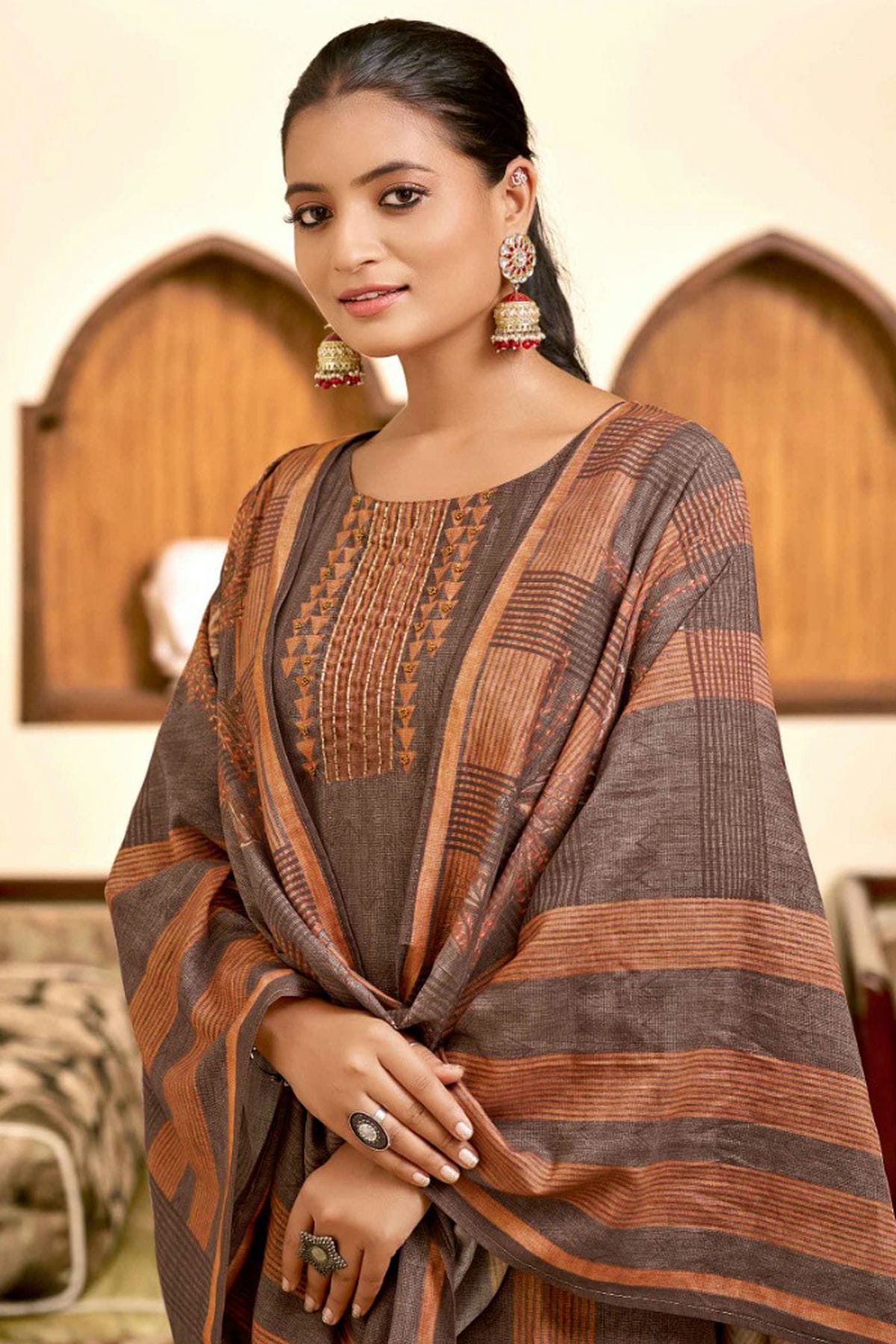 Brown Colour Viscose Silk Stitched Suit