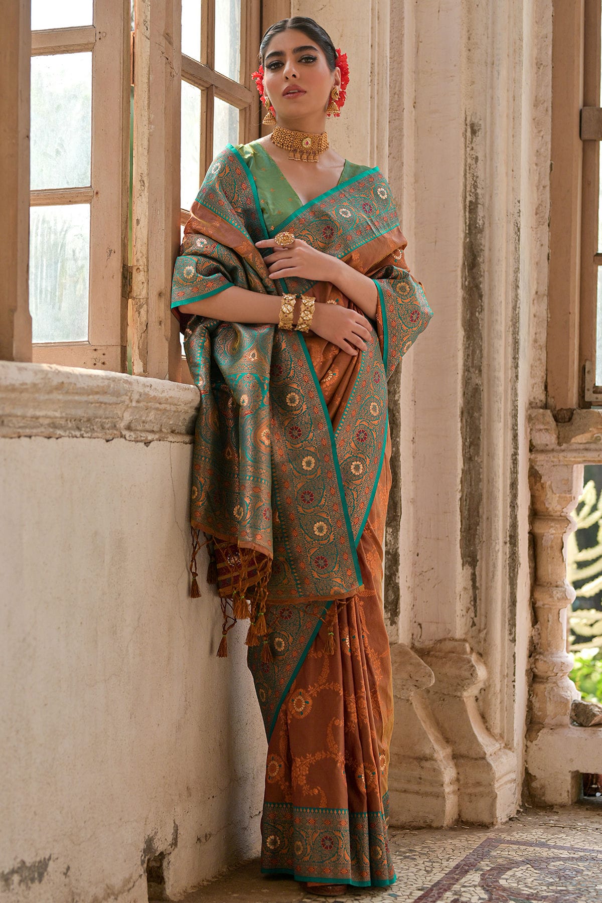 Brown Colour Woven Work Banarasi Silk Saree