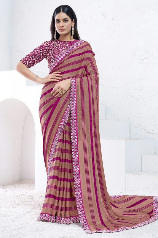 Brown and Purple Colour Georgette Designer Saree