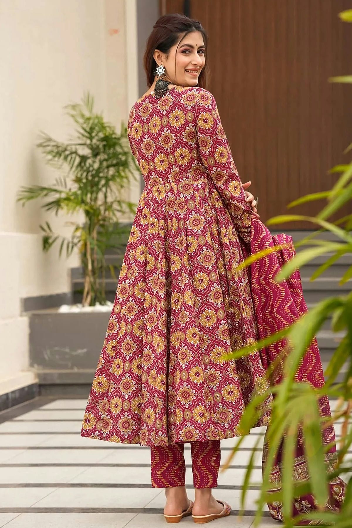 Burgundy Colour Printed Muslin Stitched Suit