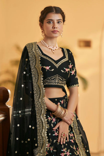 Chinnon Silk Designer Lehenga Choli In Black Colour VSLC1270050
