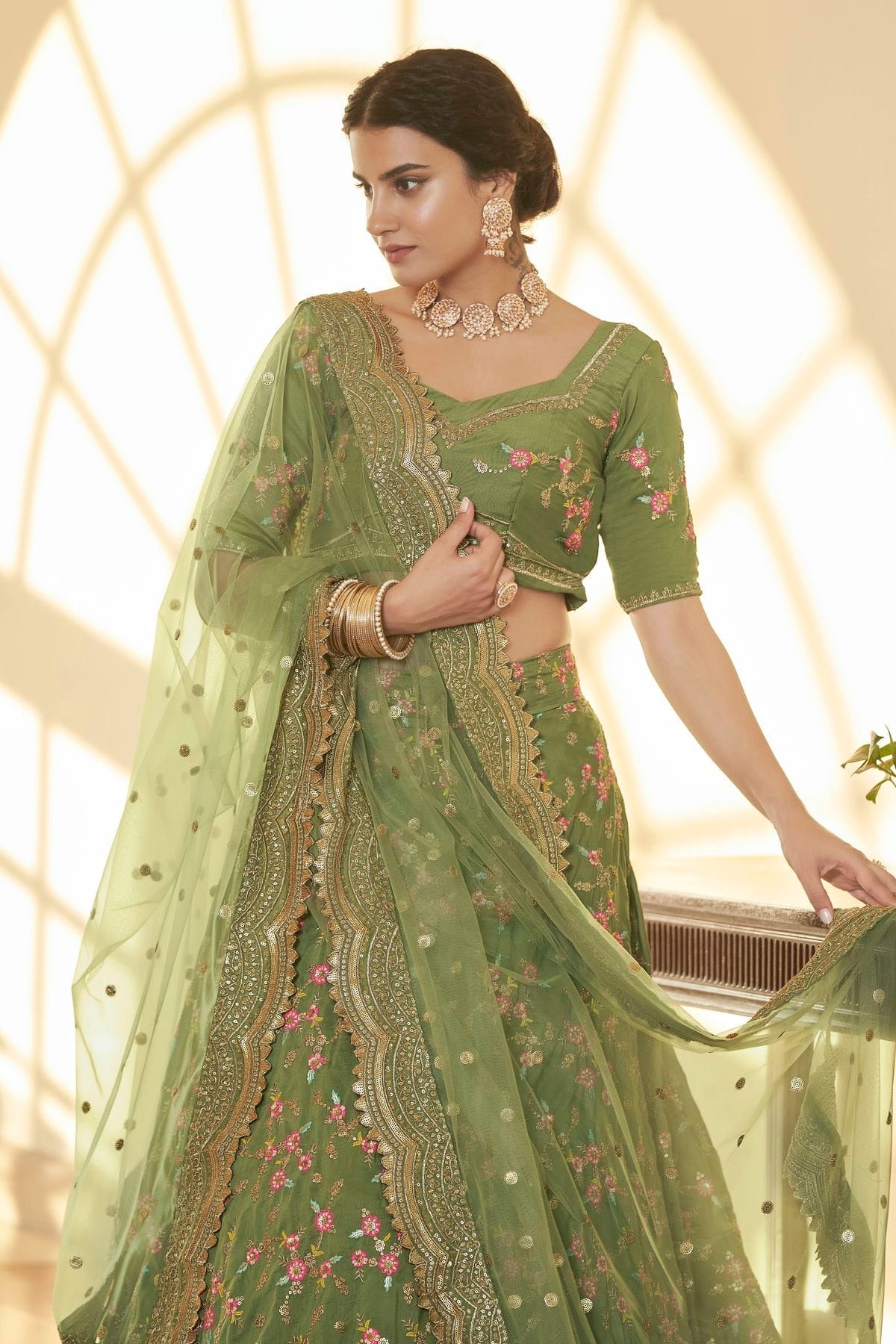 Chinnon Silk Designer Lehenga CholiIn Light Green  NCLC12710135