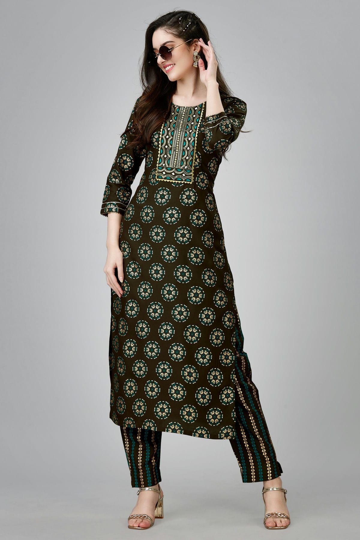 Coffee Colour Rayon Kurta And Pant Set