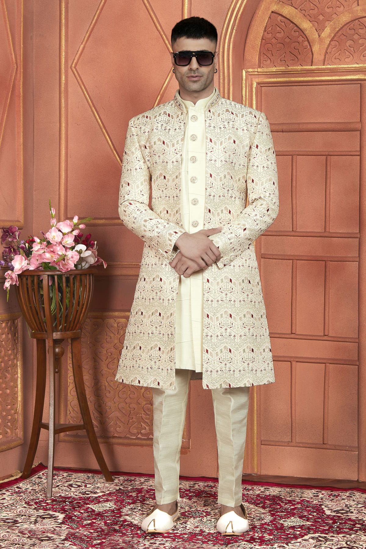 Cream Colour Art Silk Indowestern Sherwani With Aligadhi Pant VSSH1230010