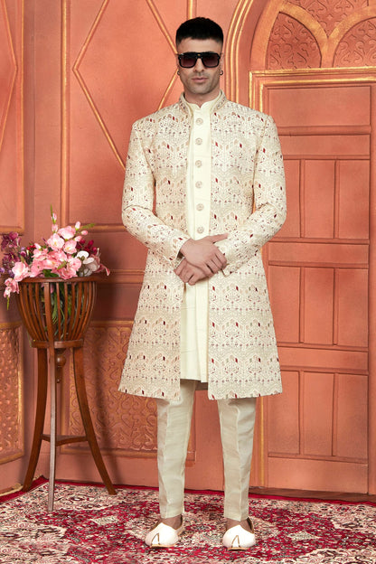 Cream Colour Art Silk Indowestern Sherwani With Aligadhi Pant VSSH1230010