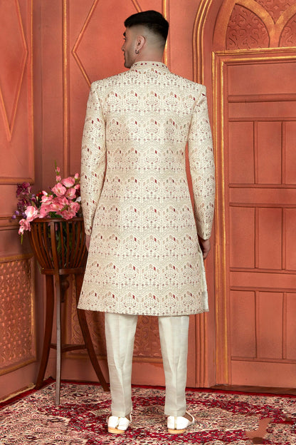 Cream Colour Art Silk Indowestern Sherwani With Aligadhi Pant VSSH1230010