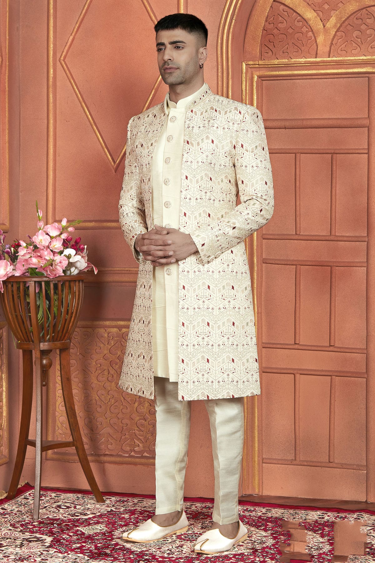 Cream Colour Art Silk Indowestern Sherwani With Aligadhi Pant