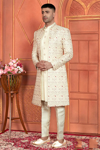 Cream Colour Art Silk Indowestern Sherwani With Aligadhi Pant