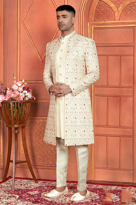 Cream Colour Art Silk Indowestern Sherwani With Aligadhi Pant
