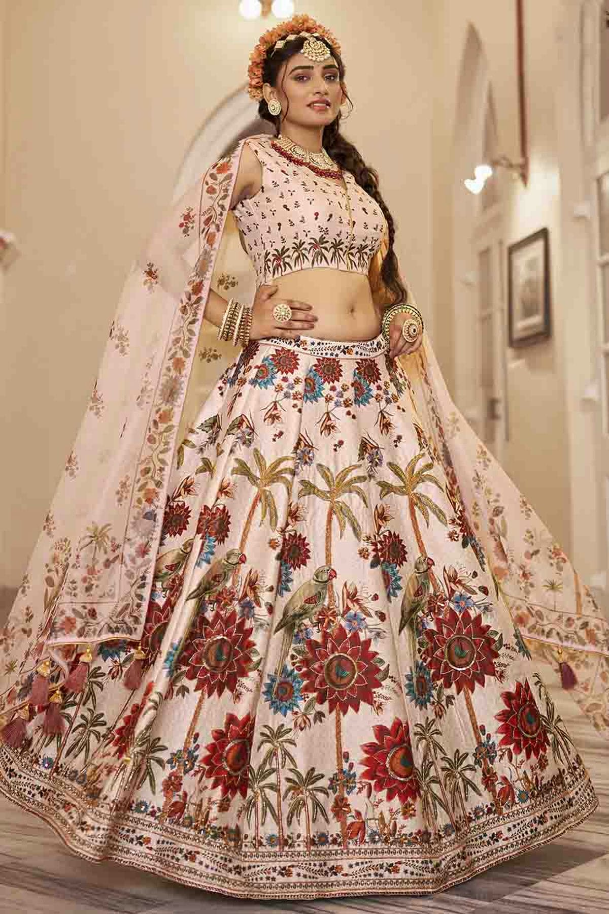 Cream Colour Art Silk Printed and Hand Work Lehenga Choli