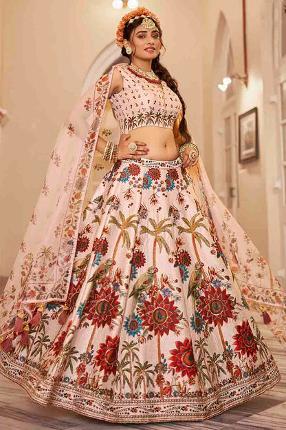 Cream Colour Art Silk Printed and Hand Work Lehenga Choli