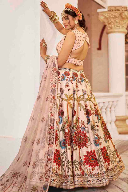 Cream Colour Art Silk Printed and Hand Work Lehenga Choli