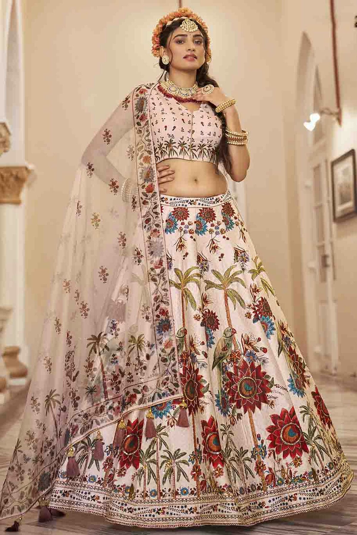 Cream Colour Art Silk Printed and Hand Work Lehenga Choli VSLC1080973