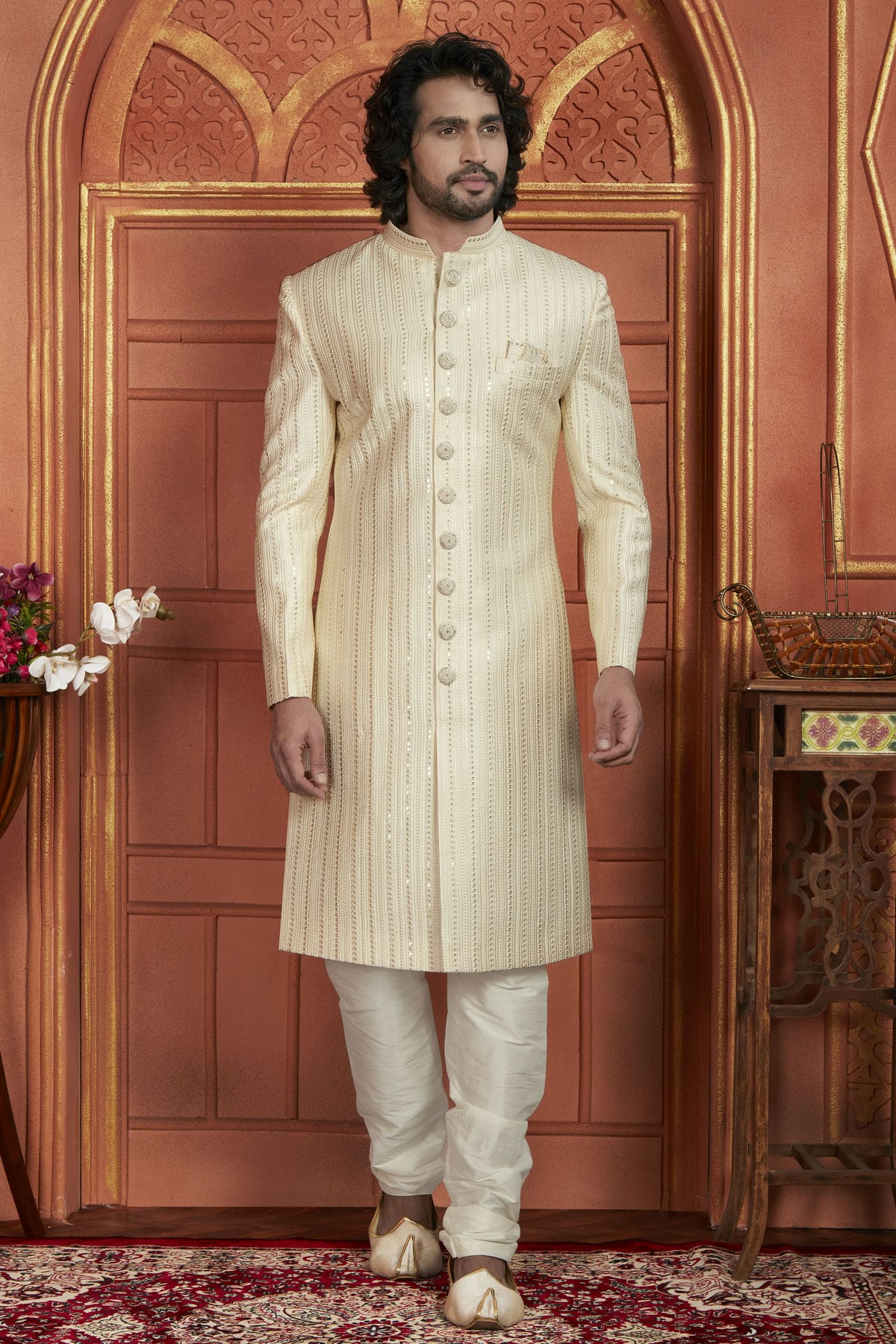 Cream Colour Art Silk Sherwani With Churidar Pant VSSH1230049