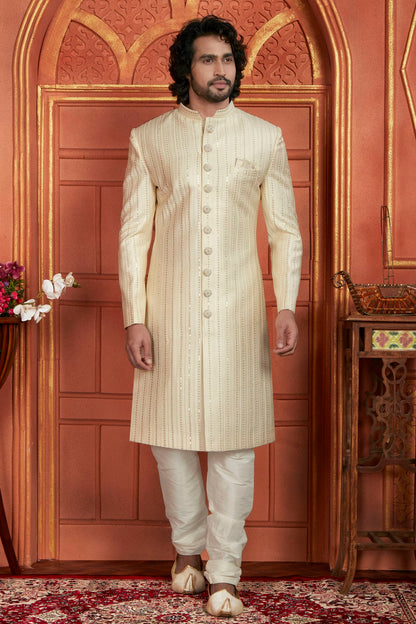 Cream Colour Art Silk Sherwani With Churidar Pant VSSH1230049