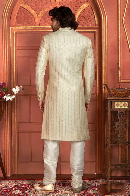 Cream Colour Art Silk Sherwani With Churidar Pant VSSH1230049