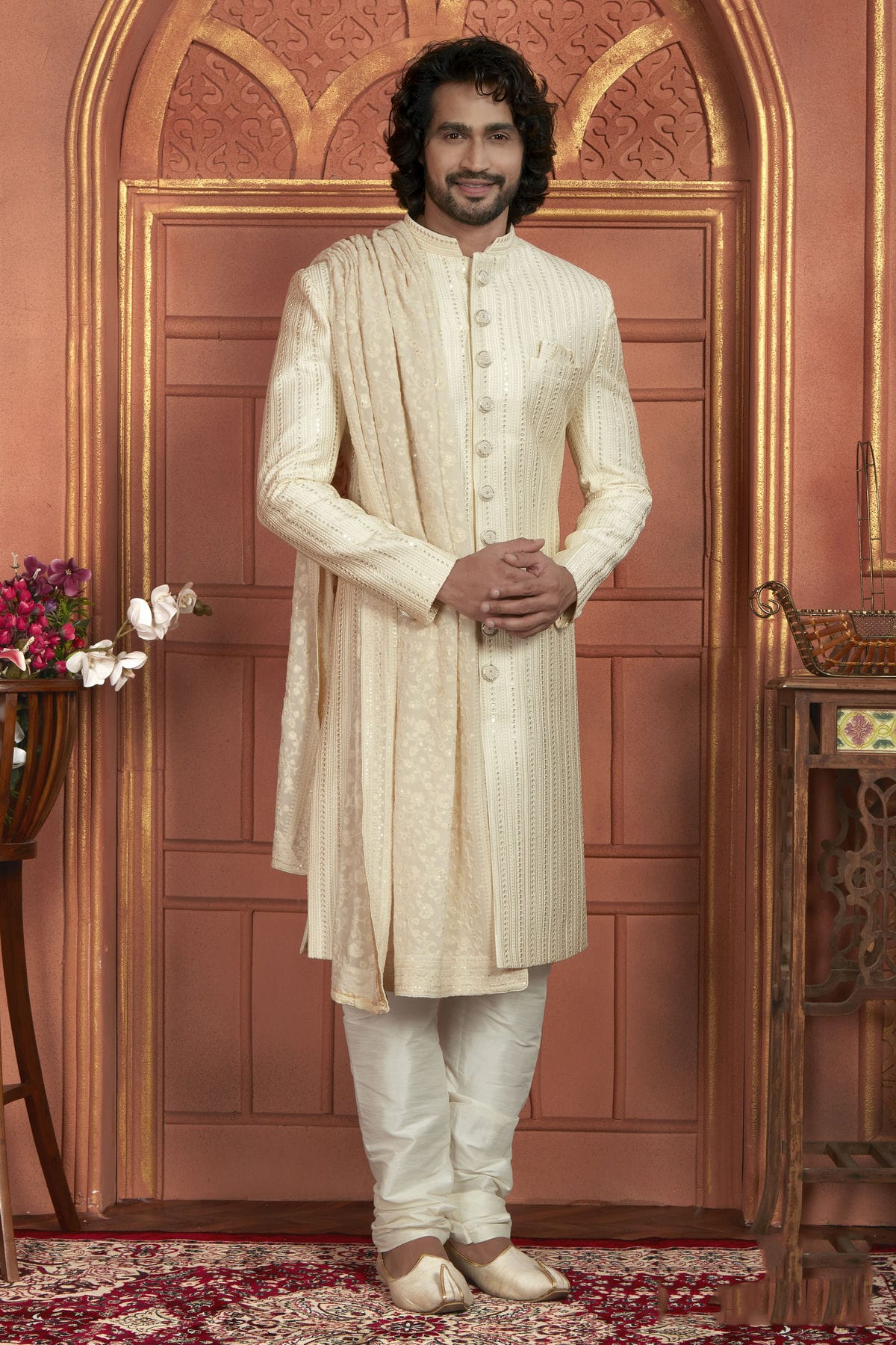 Cream Colour Art Silk Sherwani With Churidar Pant
