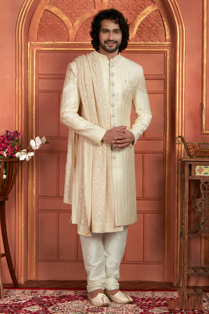Cream Colour Art Silk Sherwani With Churidar Pant