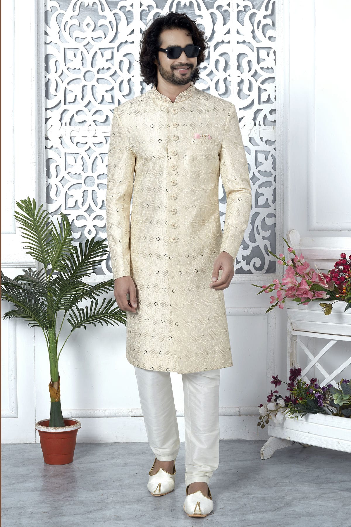 Cream Colour Art Silk Sherwani With Churidar Pant VSSH1230057