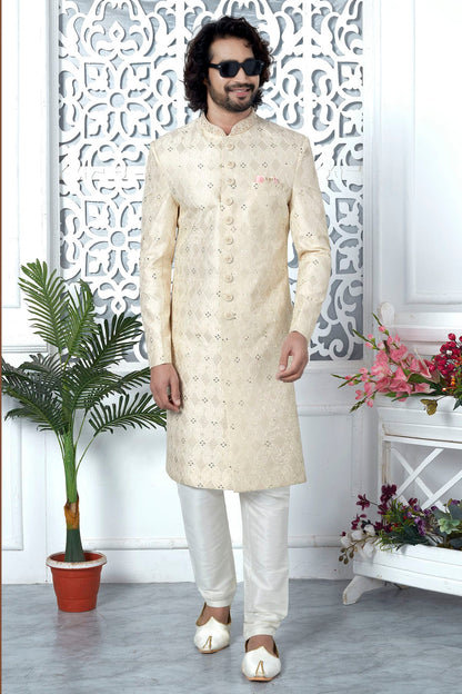 Cream Colour Art Silk Sherwani With Churidar Pant VSSH1230057