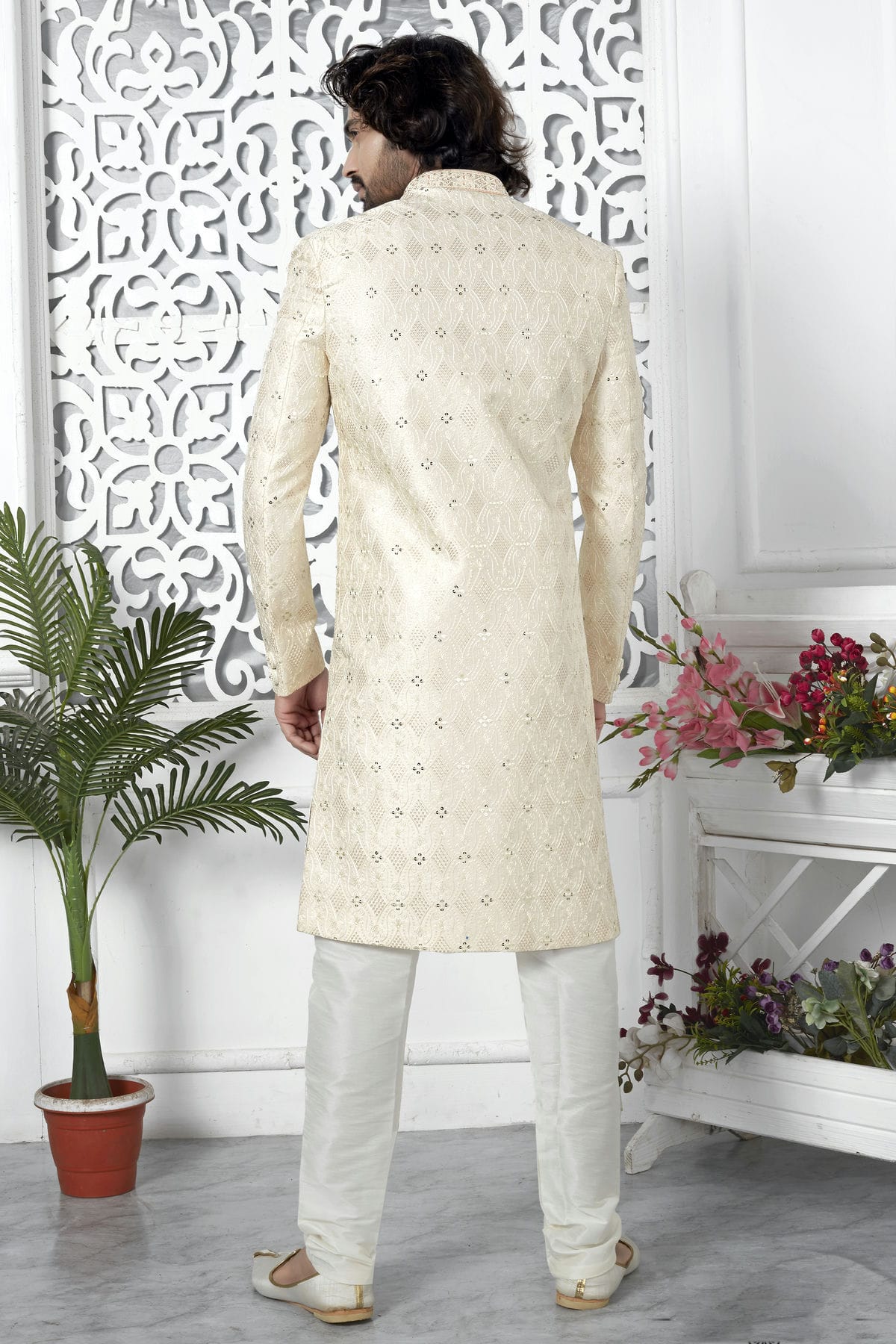Cream Colour Art Silk Sherwani With Churidar Pant VSSH1230057