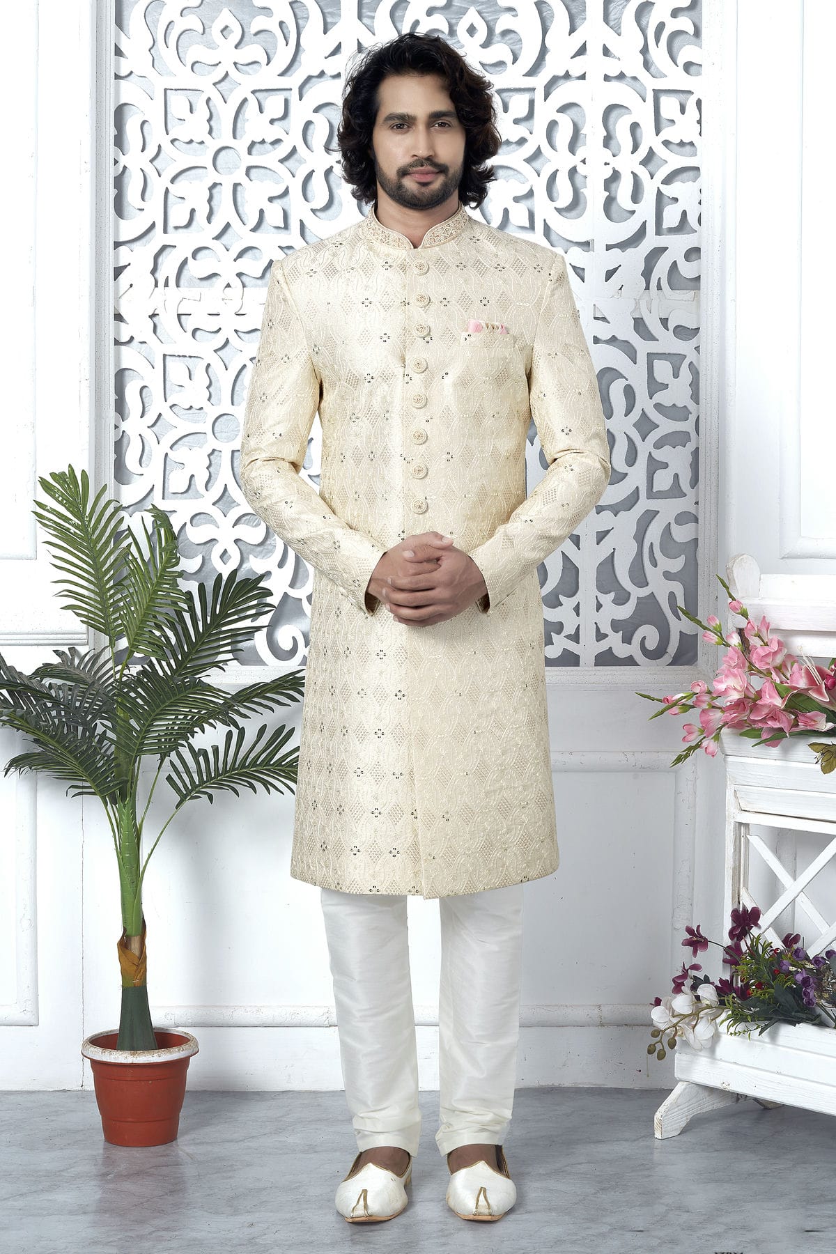 Cream Colour Art Silk Sherwani With Churidar Pant