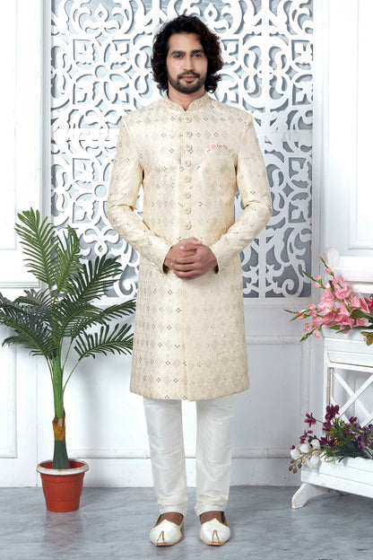 Cream Colour Art Silk Sherwani With Churidar Pant